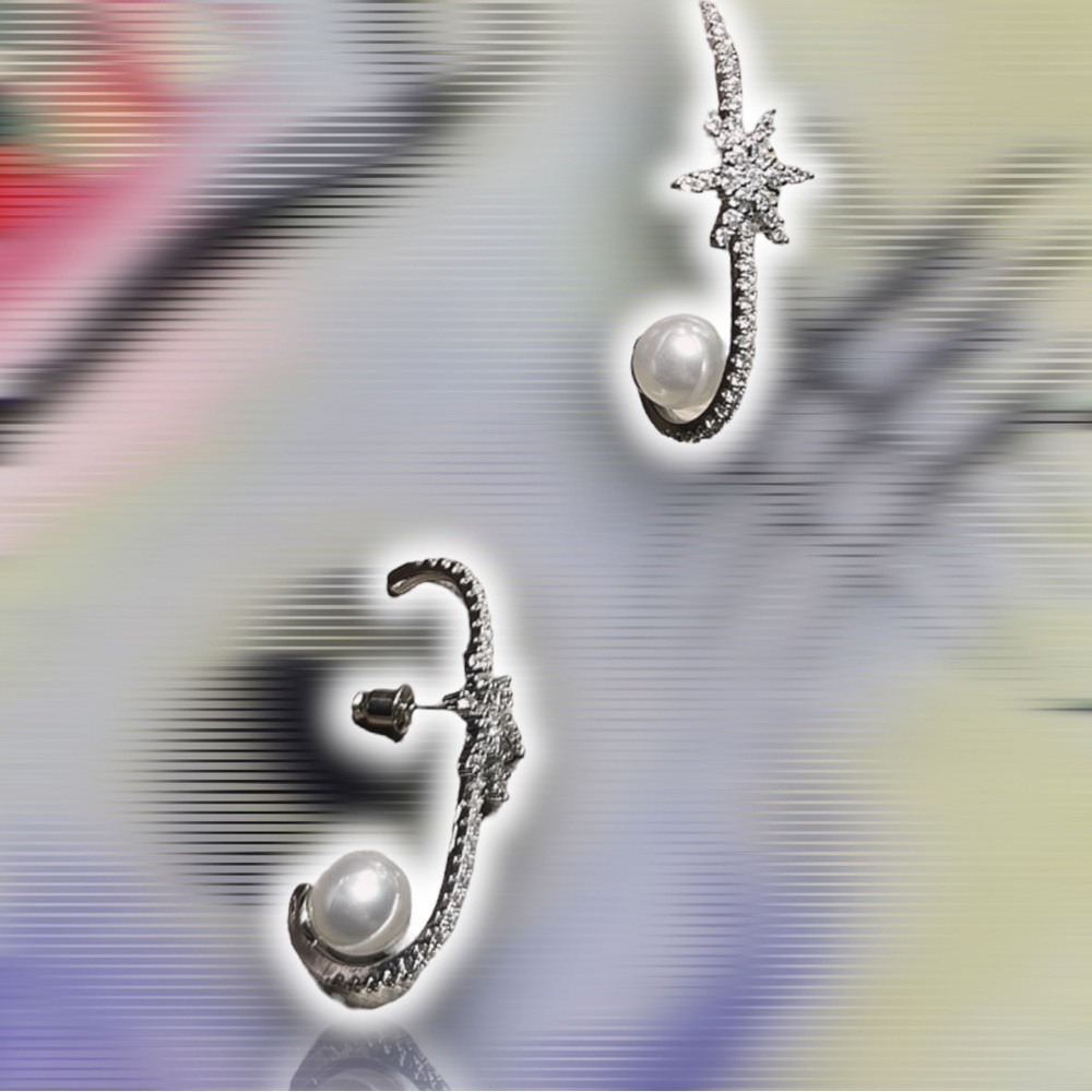NEW CZ Over Lobe Drop Star Earrings With Reverse White Imitation Pearl - Picture 3 of 10